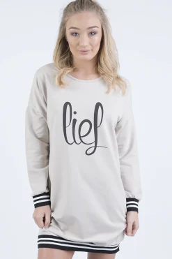 Rebellious Fashion Beige Lies Slogan Jumper Dress - Ellie