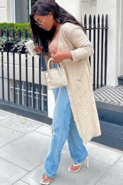 Rebellious Fashion Beige Long Knit Cardigan - Shola