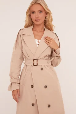 Rebellious Fashion Beige Longline Belt Detail Button Front Trench Coat - Melony