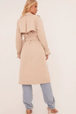 Rebellious Fashion Beige Longline Belt Detail Button Front Trench Coat - Melony