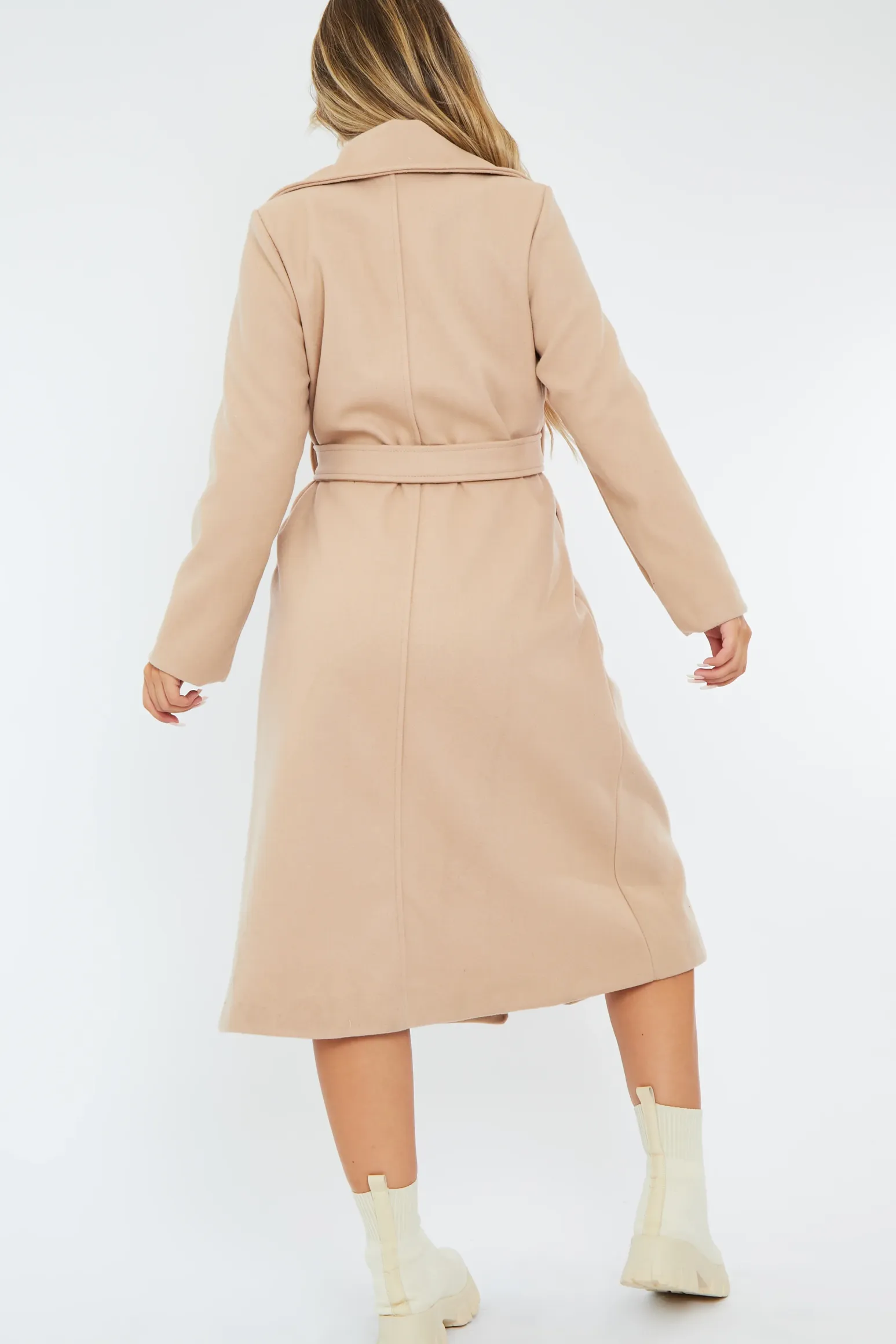 Rebellious Fashion Beige Longline Belted Tailored Coat - Syma