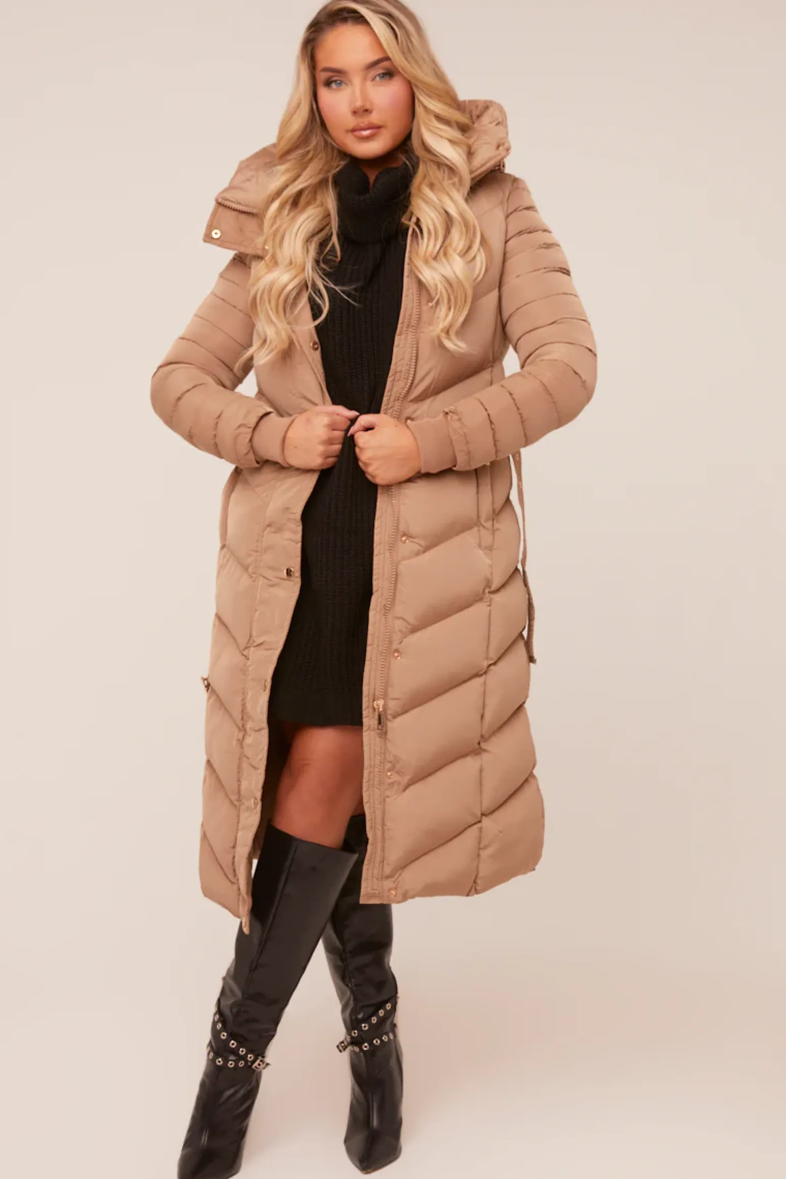 Rebellious Fashion Beige Longline Hooded Puffer Jacket - Shauna
