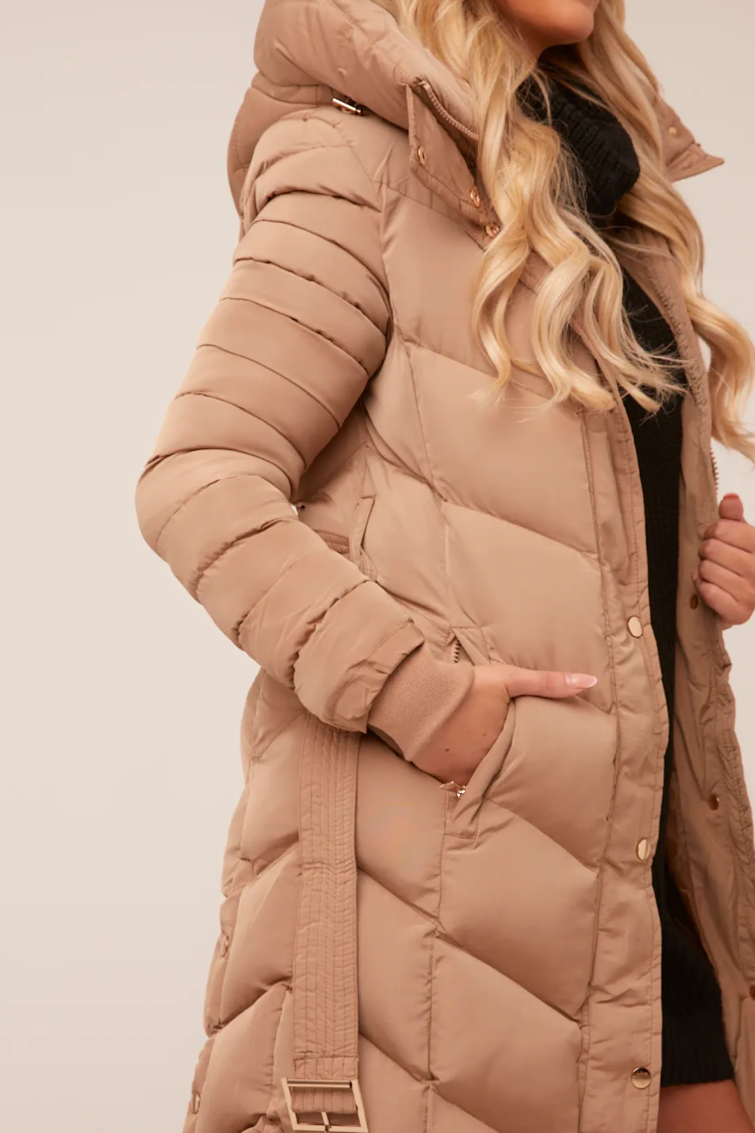 Rebellious Fashion Beige Longline Hooded Puffer Jacket - Shauna