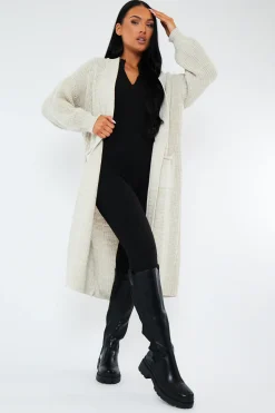 Rebellious Fashion Beige Longline Relaxed Fit Front Pockets Cardigan - Leah