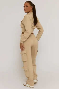 Rebellious Fashion Beige Marl Cropped Cargo Lounge Co-ord Set - Lizzie
