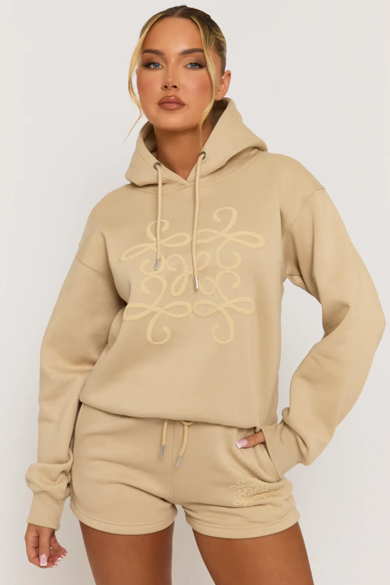 Rebellious Fashion Beige Marl Swirl Motif Hoodie & Shorts Loungewear Co-ord Set - Dimity