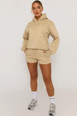 Rebellious Fashion Beige Marl Swirl Motif Hoodie & Shorts Loungewear Co-ord Set - Dimity