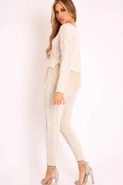 Rebellious Fashion Beige Mesh Insert Jumper and Leggings Co-ord - Laurie