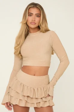 Rebellious Fashion Beige Metallic Lurex High Neck Cropped Top & Mini Skirt Co-ord Set - Felipa