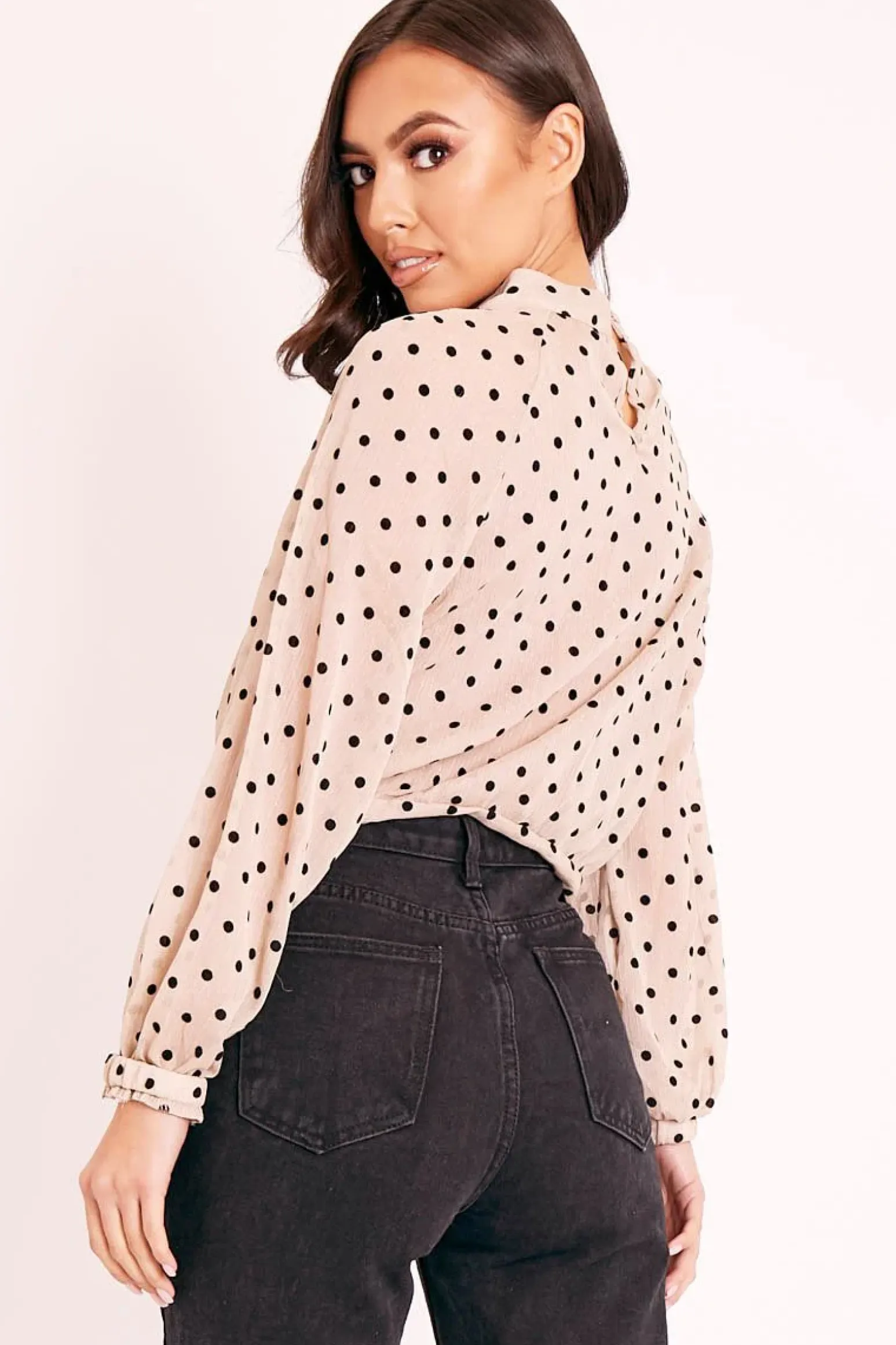 Rebellious Fashion Beige Metallic Polka Pleated Front Blouse - Cabella