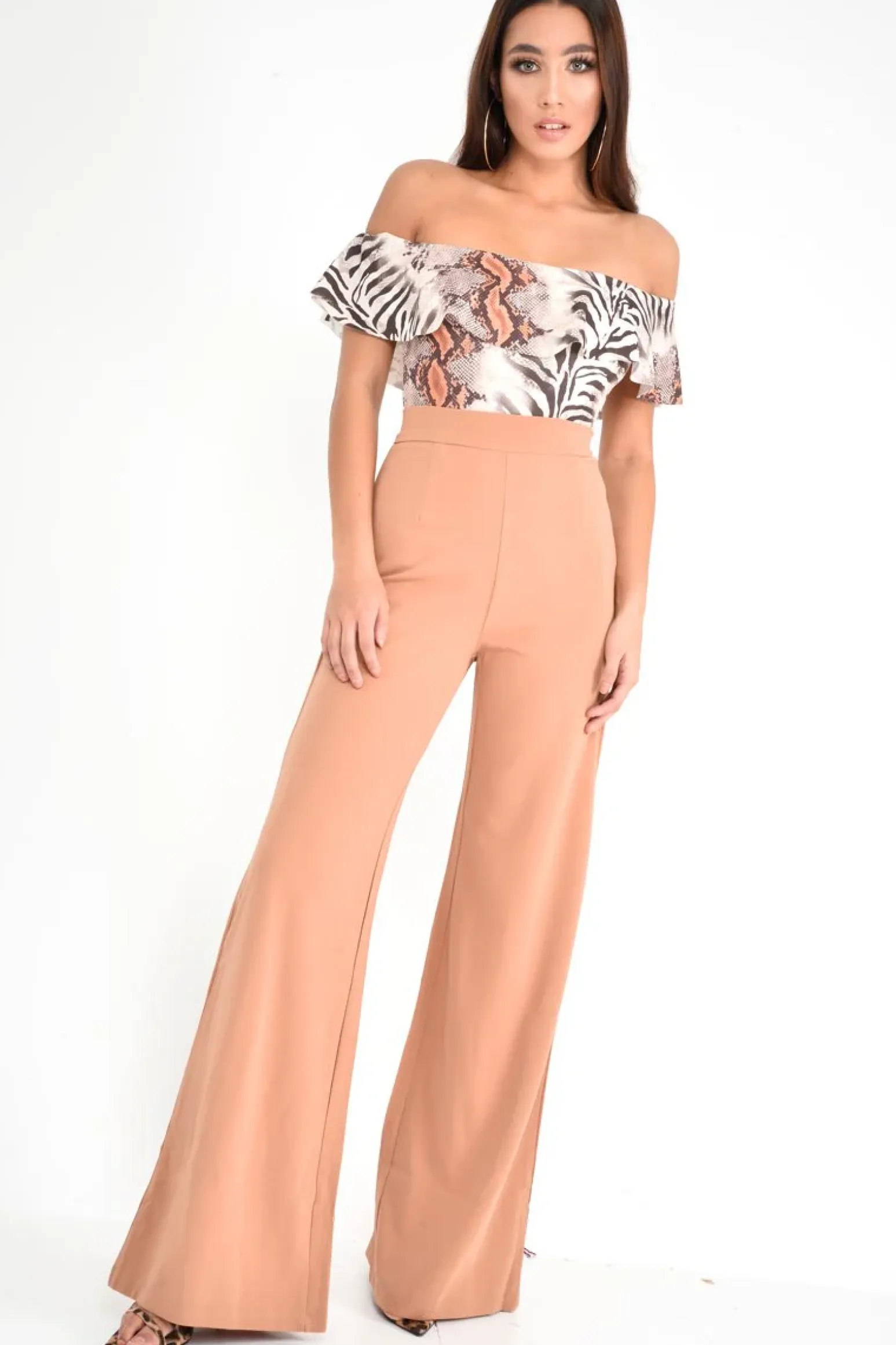 Rebellious Fashion Beige Mixed Animal Print Bardot Bodysuit - Jaye