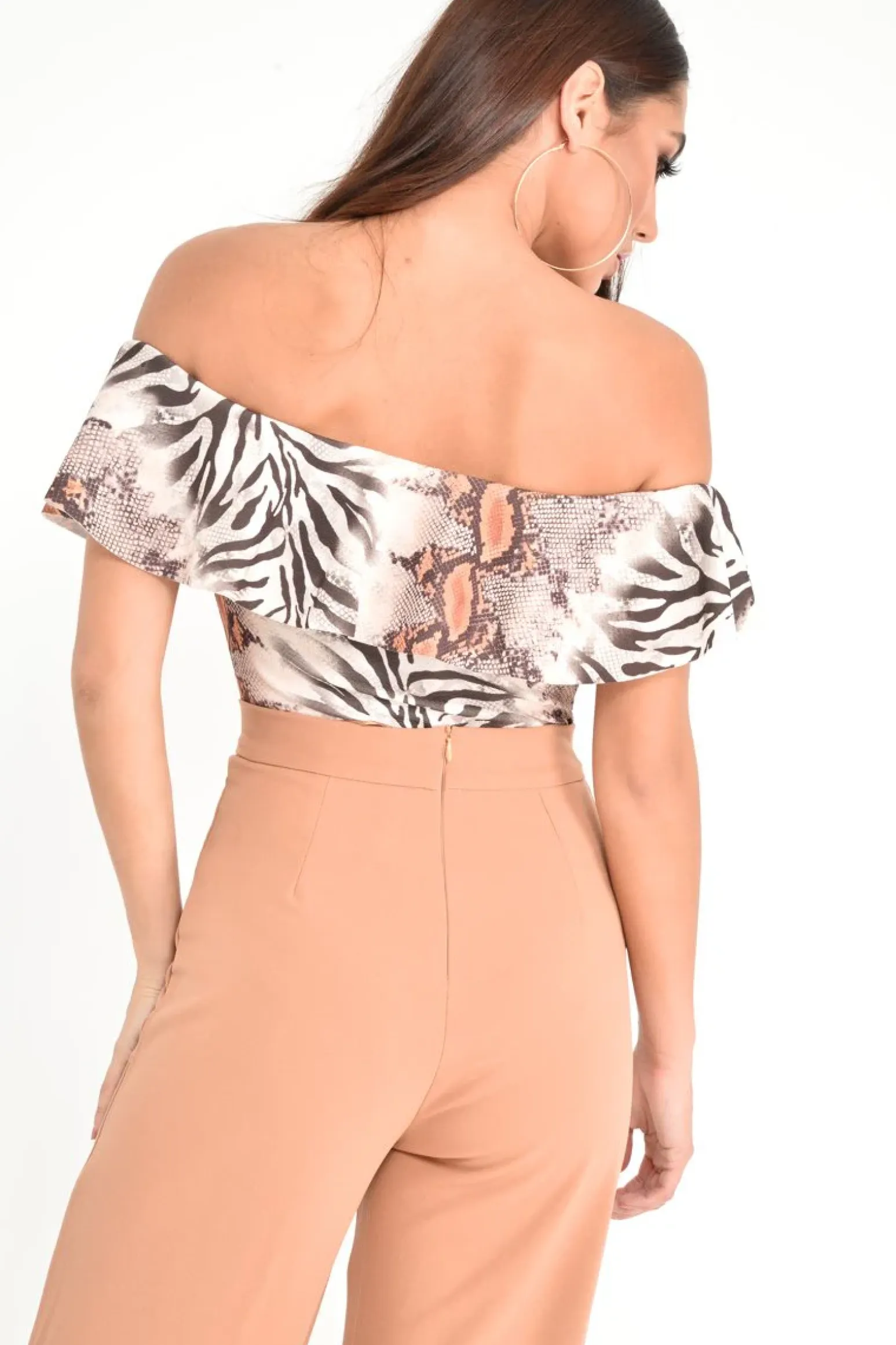 Rebellious Fashion Beige Mixed Animal Print Bardot Bodysuit - Jaye