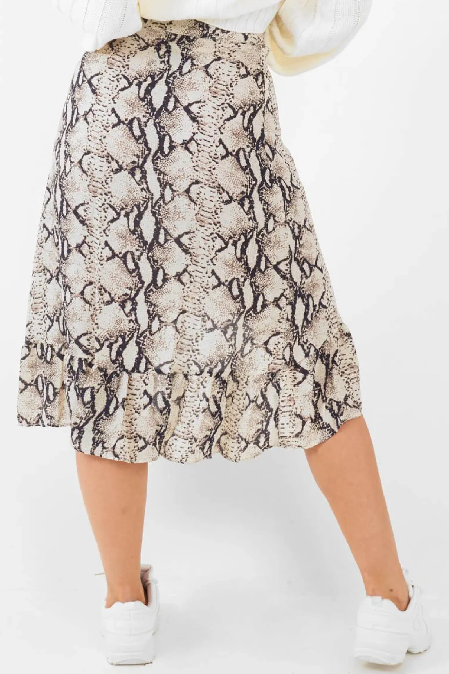 Rebellious Fashion Beige Navy Snake Print Ruffle Midi Skirt - Dominique