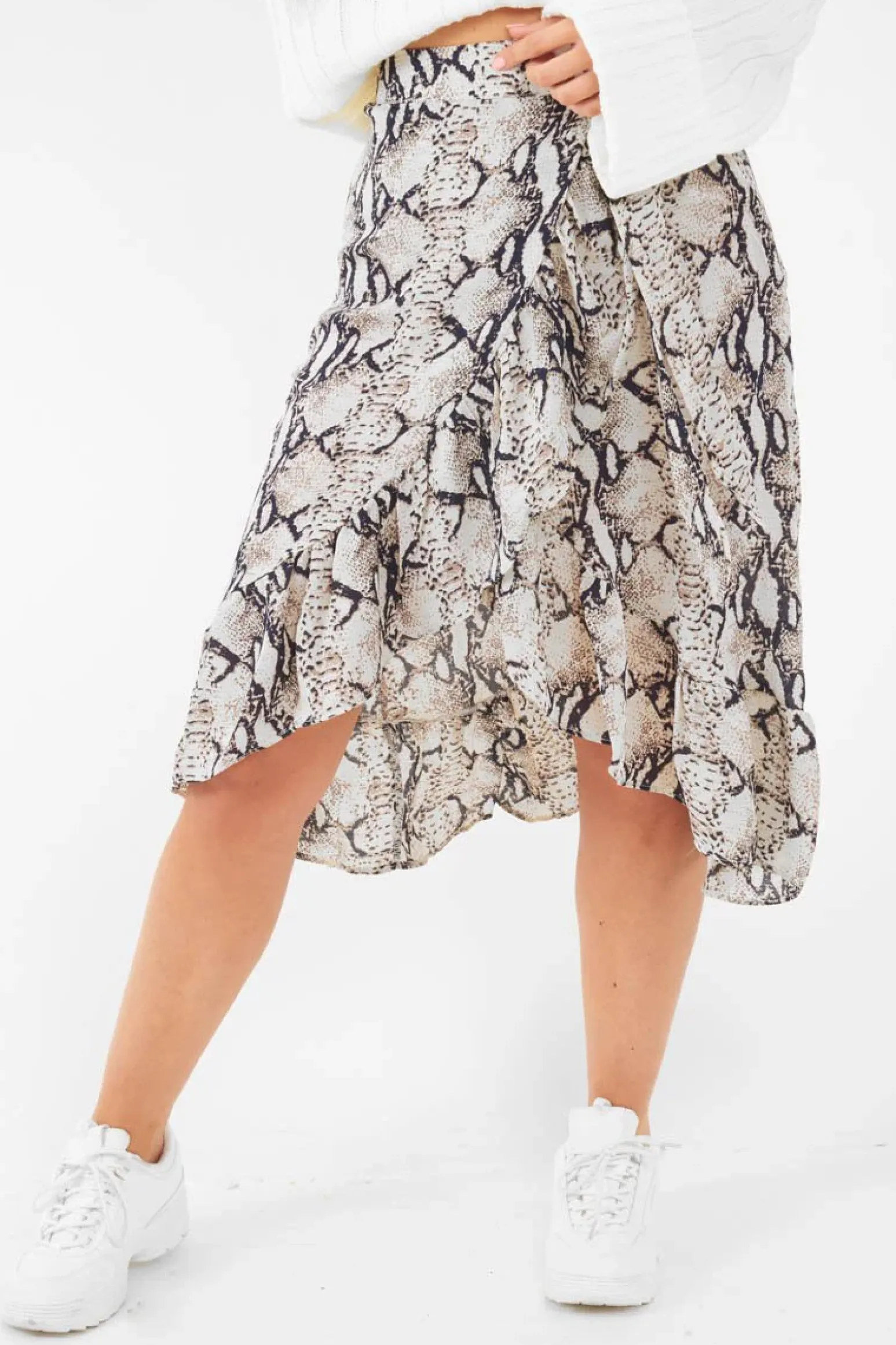 Rebellious Fashion Beige Navy Snake Print Ruffle Midi Skirt - Dominique