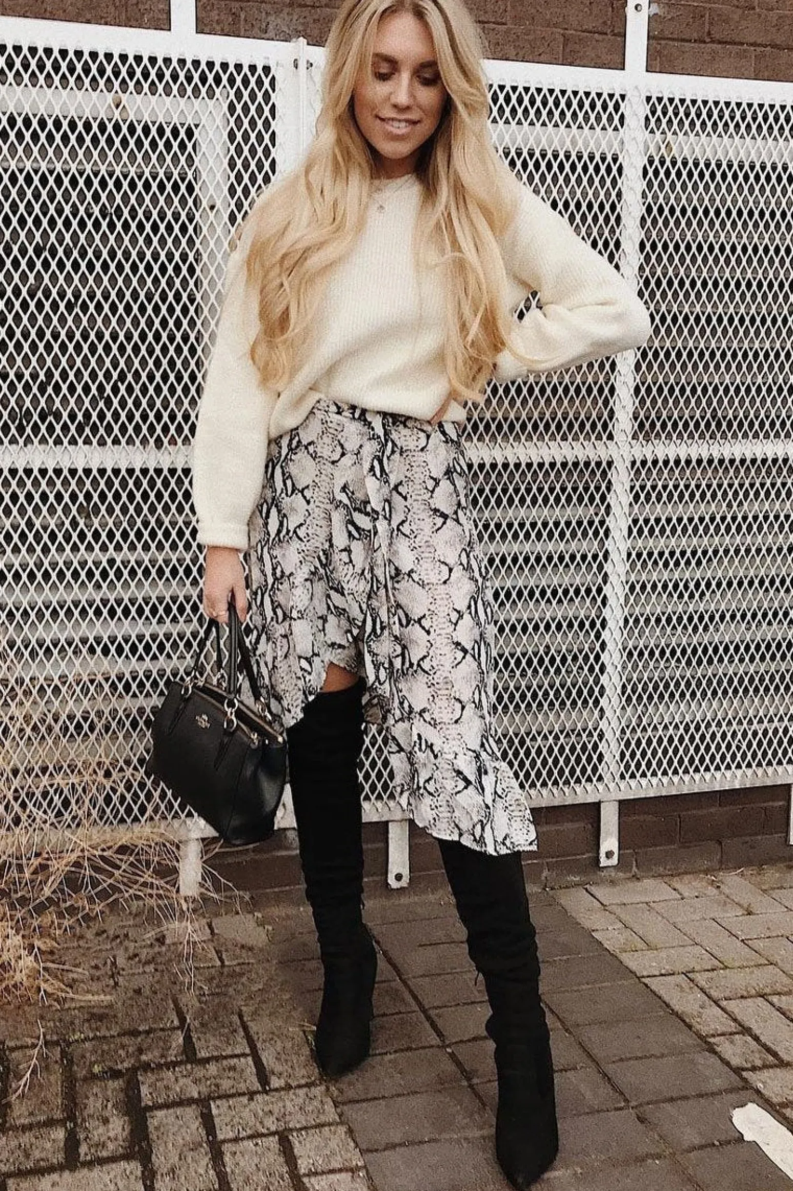 Rebellious Fashion Beige Navy Snake Print Ruffle Midi Skirt - Dominique