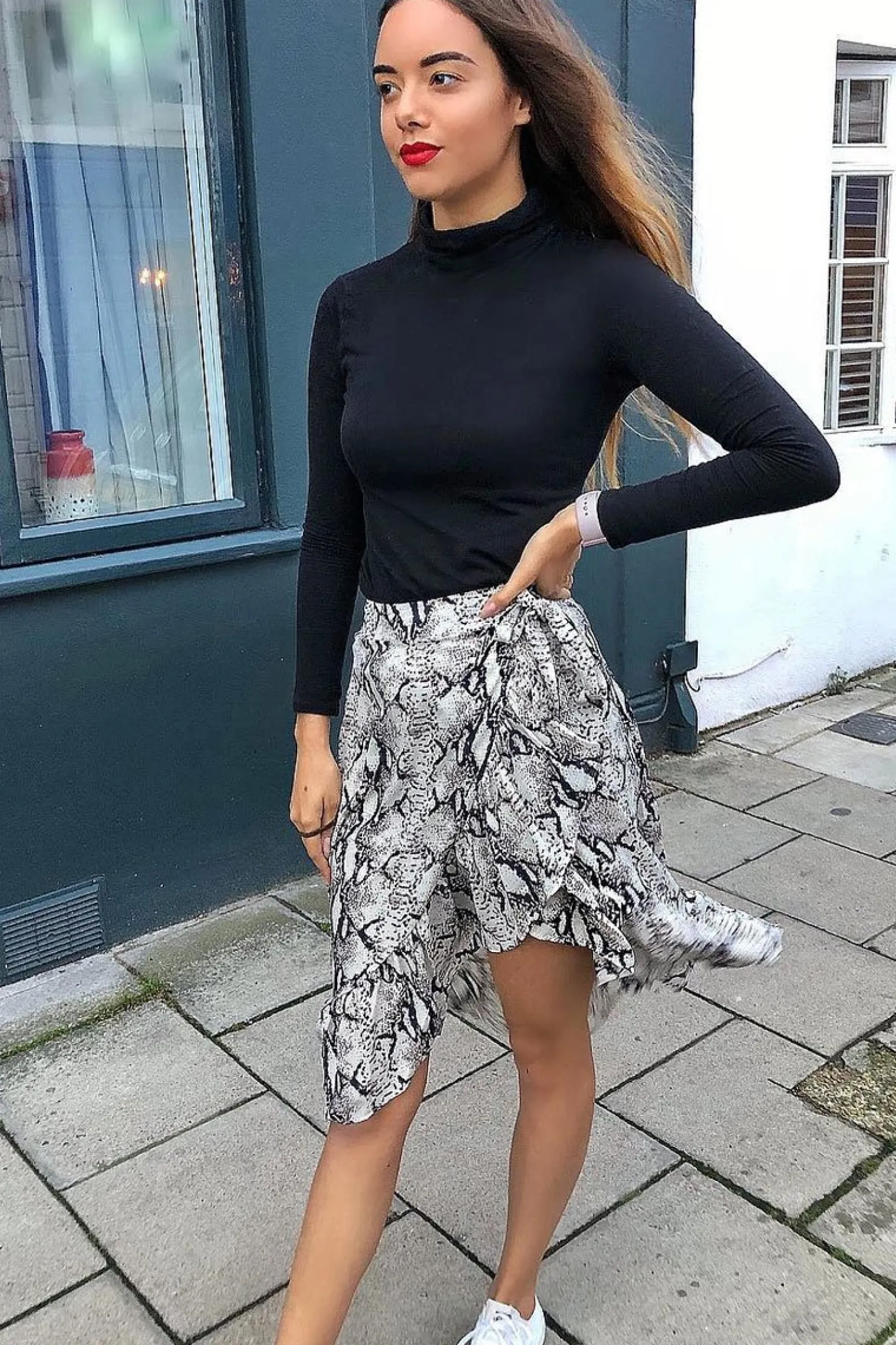 Rebellious Fashion Beige Navy Snake Print Ruffle Midi Skirt - Dominique