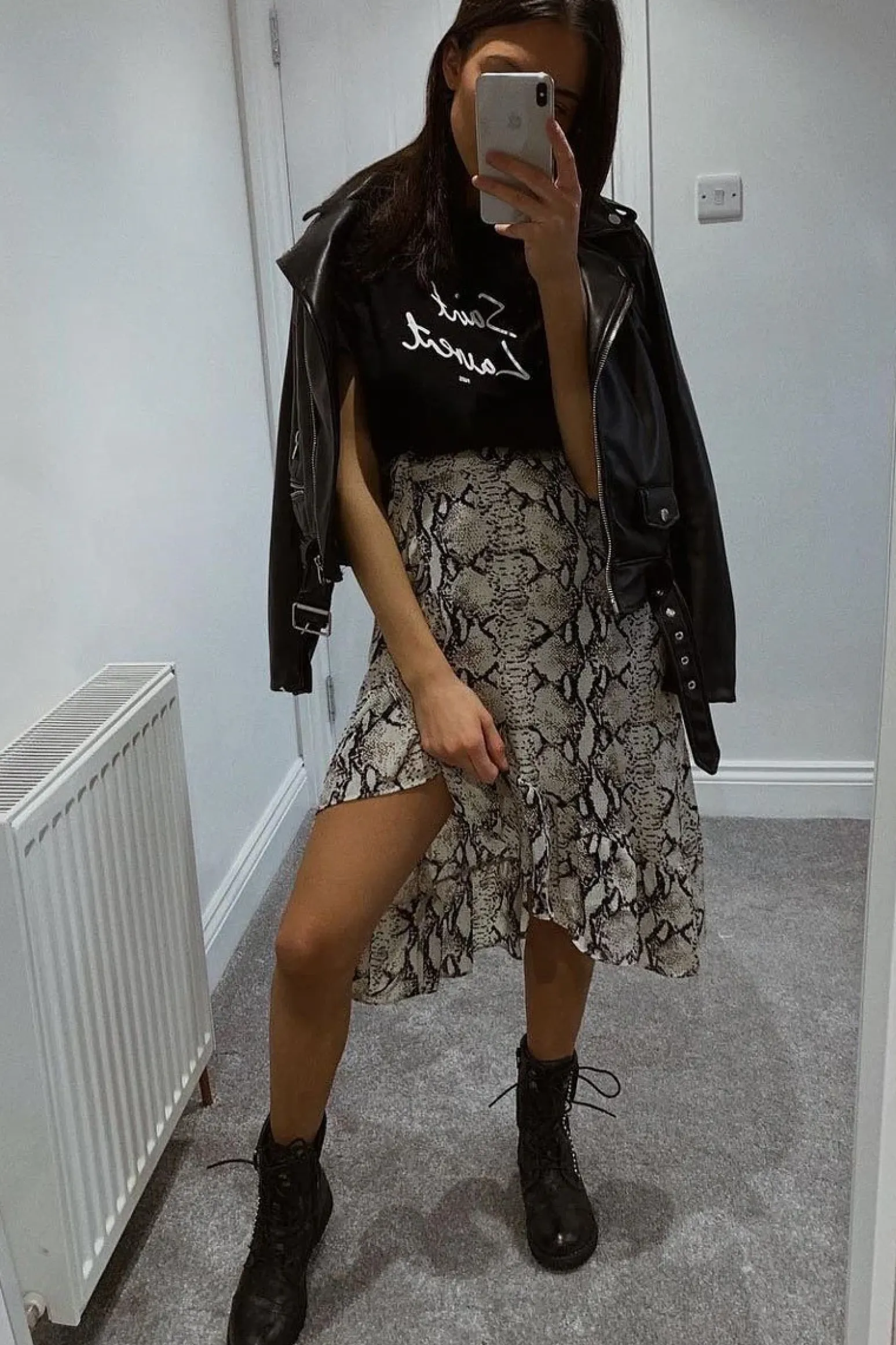 Rebellious Fashion Beige Navy Snake Print Ruffle Midi Skirt - Dominique