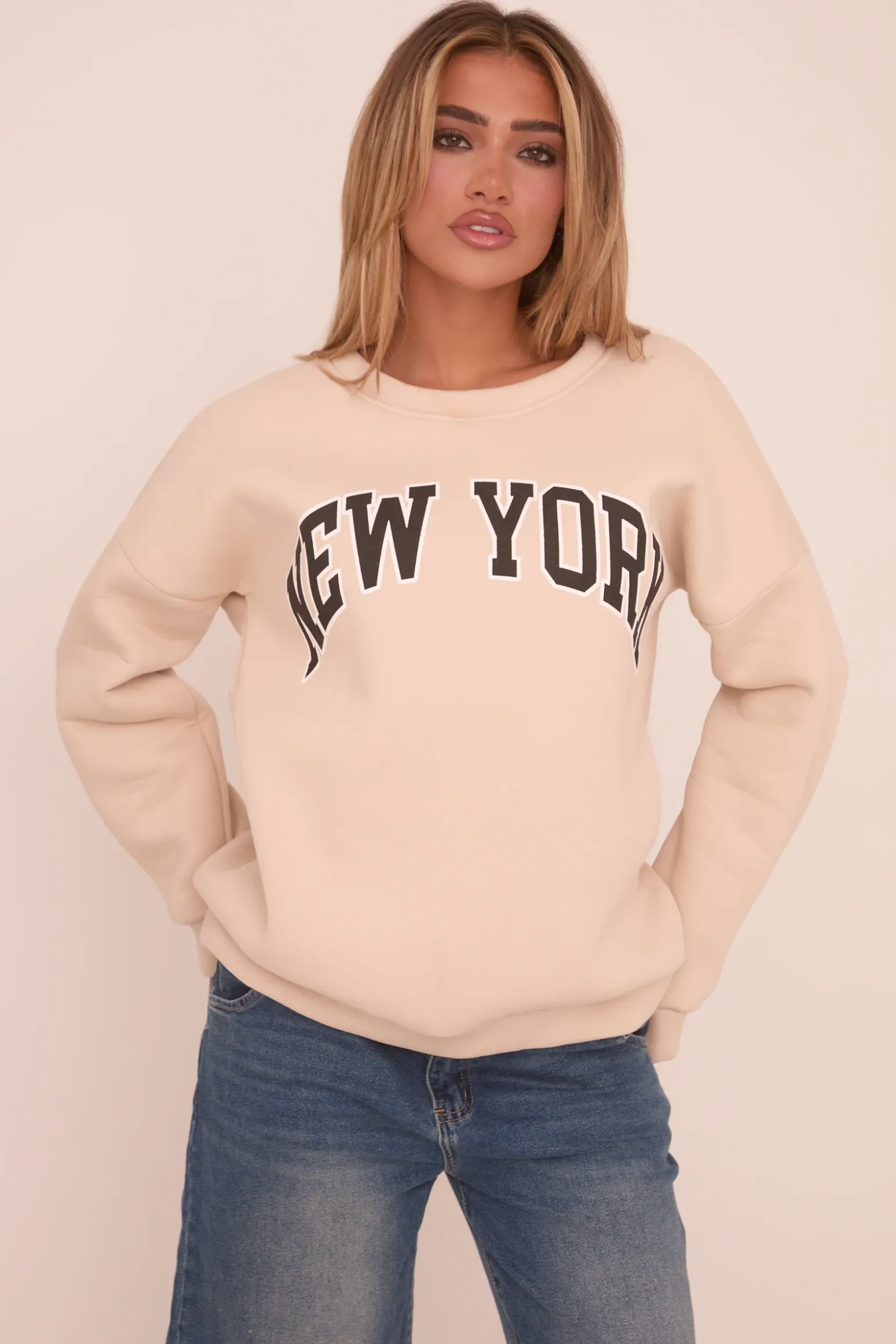 Rebellious Fashion Beige New York Print Sweatshirt - Eternity