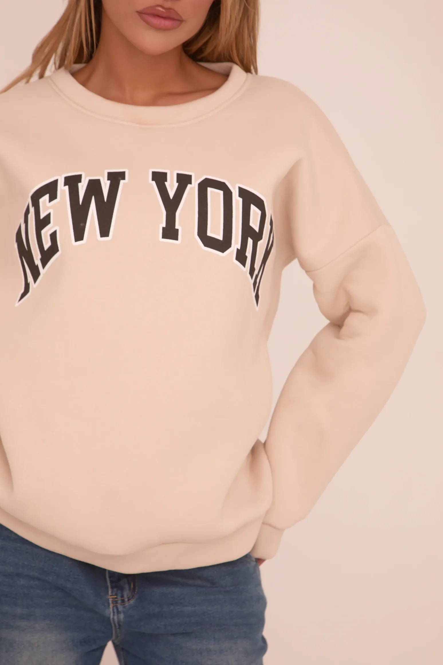 Rebellious Fashion Beige New York Print Sweatshirt - Eternity