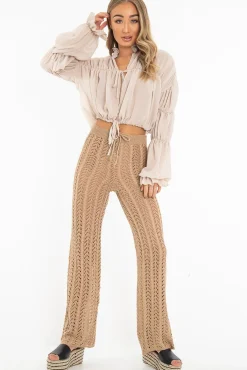 Rebellious Fashion Beige Open Knit Tie Waist Flared Trousers - Nadine