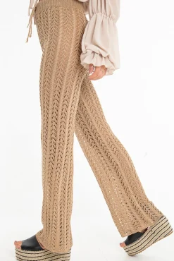 Rebellious Fashion Beige Open Knit Tie Waist Flared Trousers - Nadine