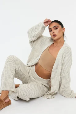 Rebellious Fashion Beige Oversized Knit Cardigan & Trouser Set - Marra