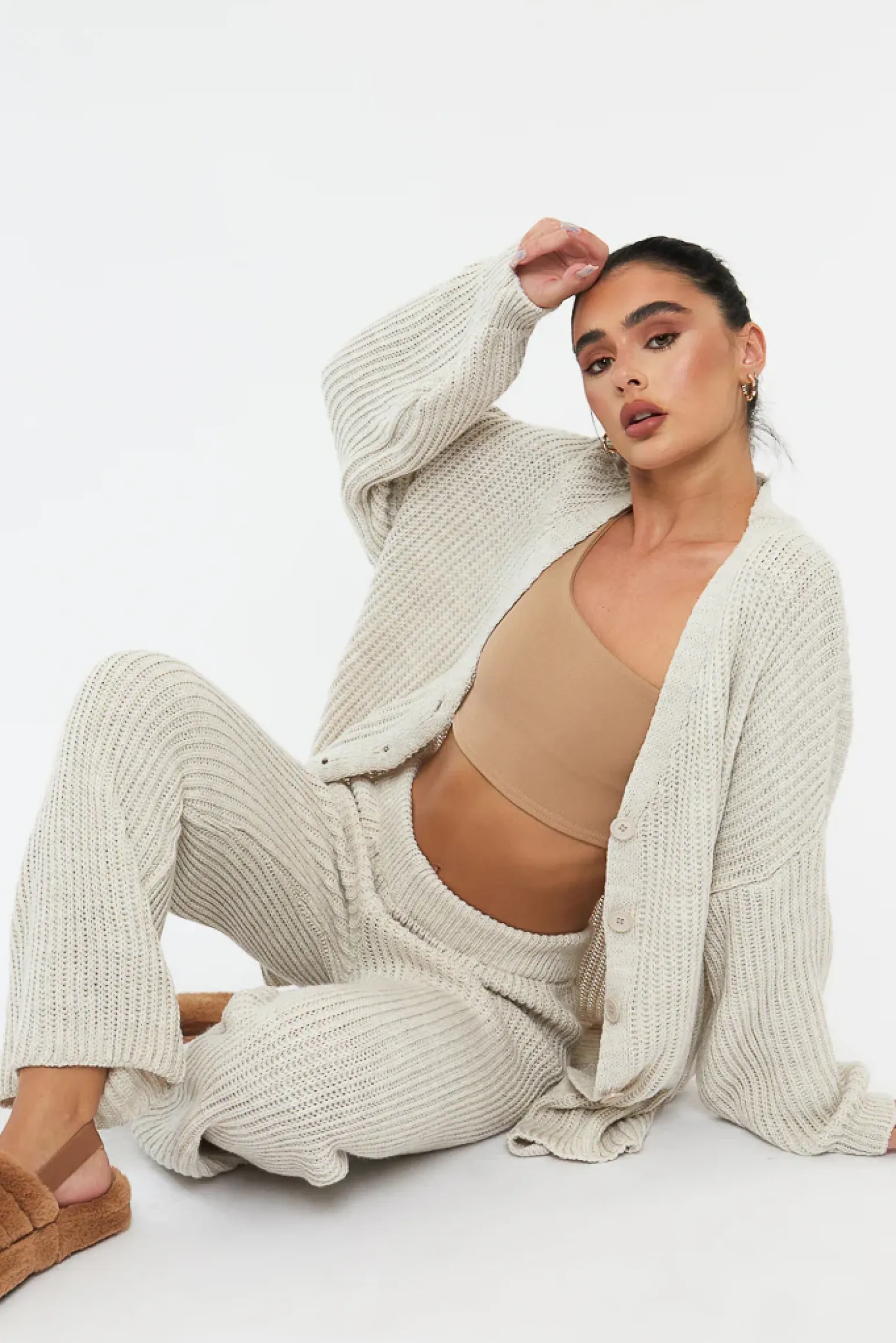 Rebellious Fashion Beige Oversized Knit Cardigan & Trouser Set - Marra