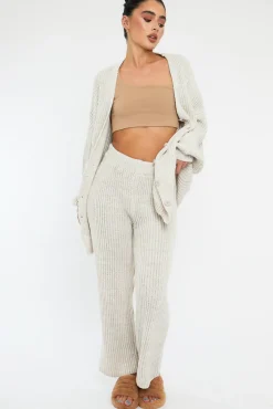 Rebellious Fashion Beige Oversized Knit Cardigan & Trouser Set - Marra