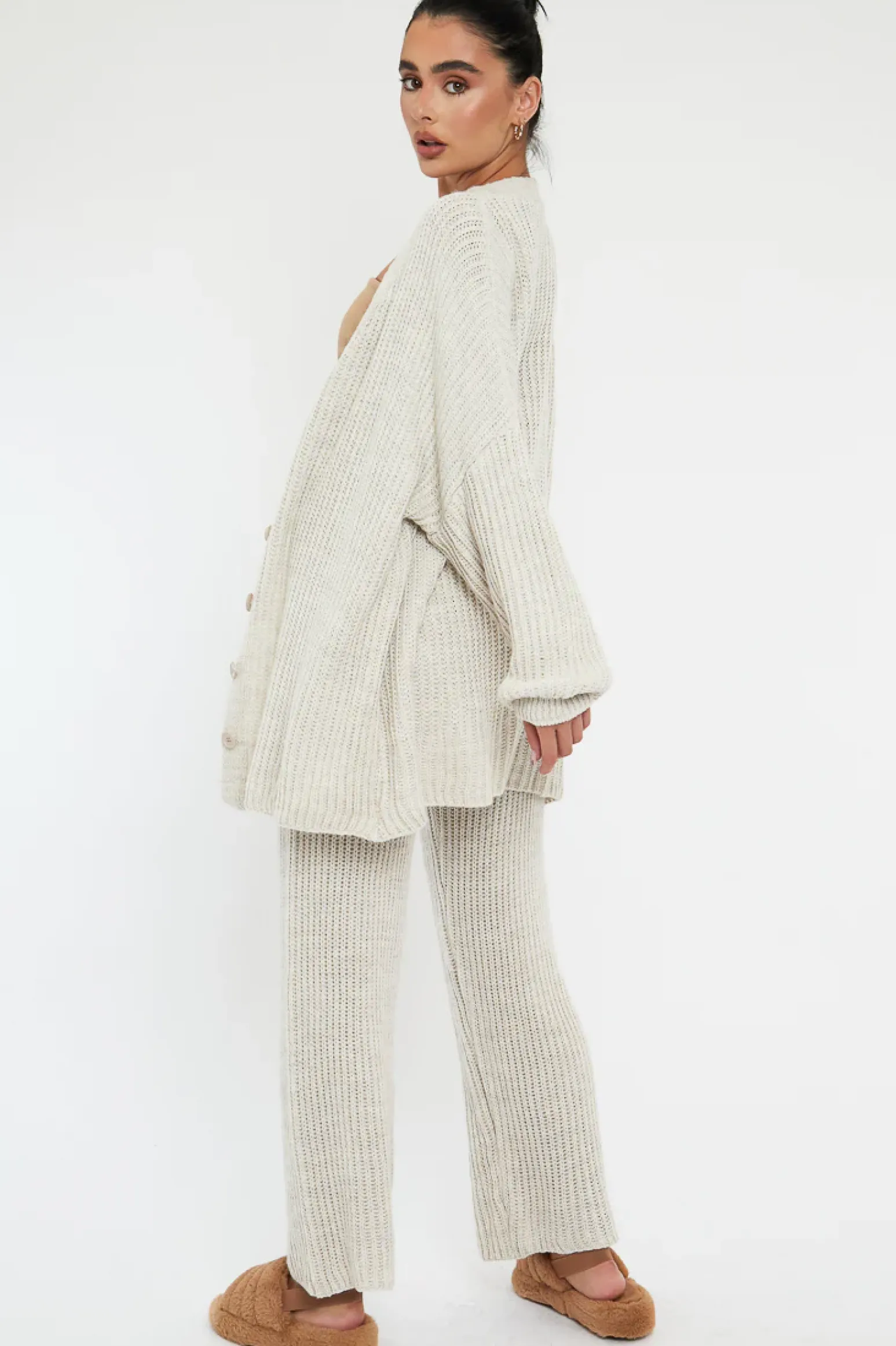 Rebellious Fashion Beige Oversized Knit Cardigan & Trouser Set - Marra