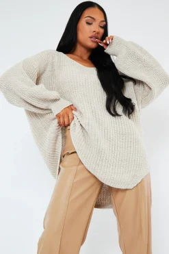 Rebellious Fashion Beige Oversized Knit V Neck Sweater - Evelyn