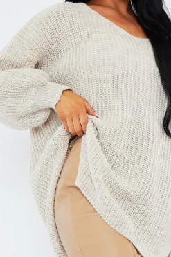 Rebellious Fashion Beige Oversized Knit V Neck Sweater - Evelyn