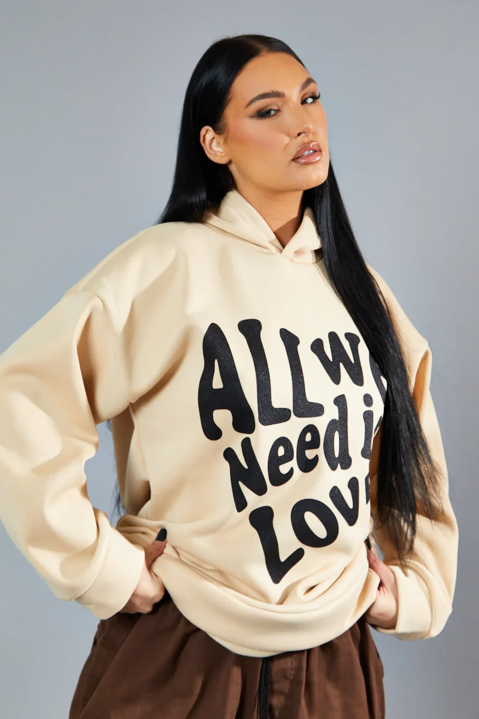Rebellious Fashion Beige Oversized Slogan Hoodie - Sora