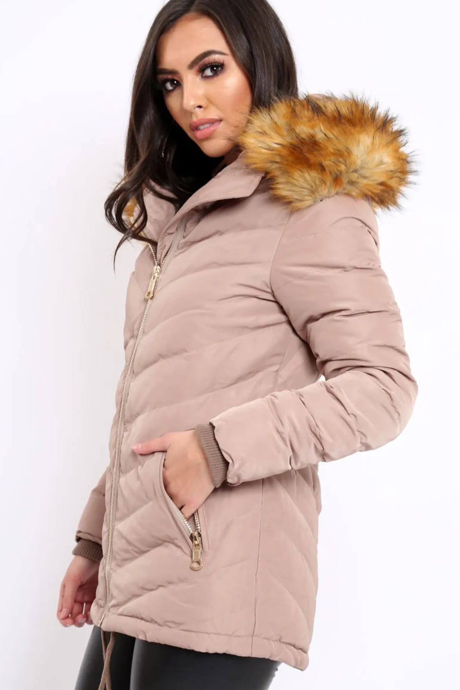 Rebellious Fashion Beige Padded Coat With Faux Fur Trim Hood - Jocelyn