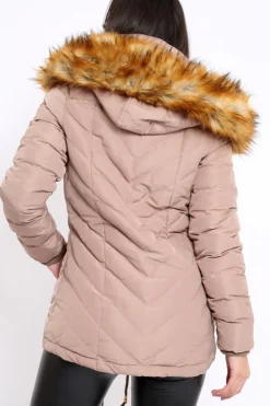 Rebellious Fashion Beige Padded Coat With Faux Fur Trim Hood - Jocelyn