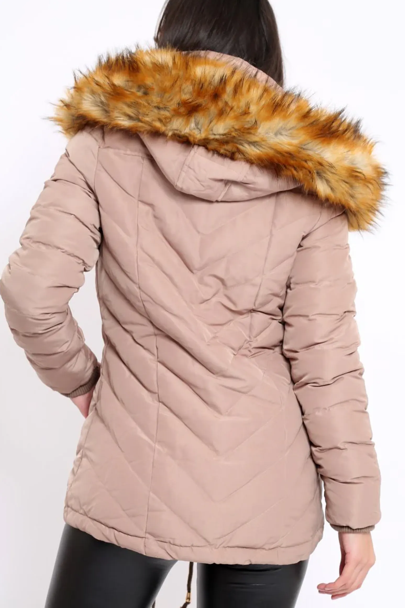 Rebellious Fashion Beige Padded Coat With Faux Fur Trim Hood - Jocelyn