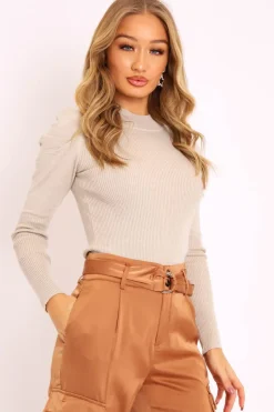Rebellious Fashion Beige Pleated Shoulder High Neck Jumper - Carmela