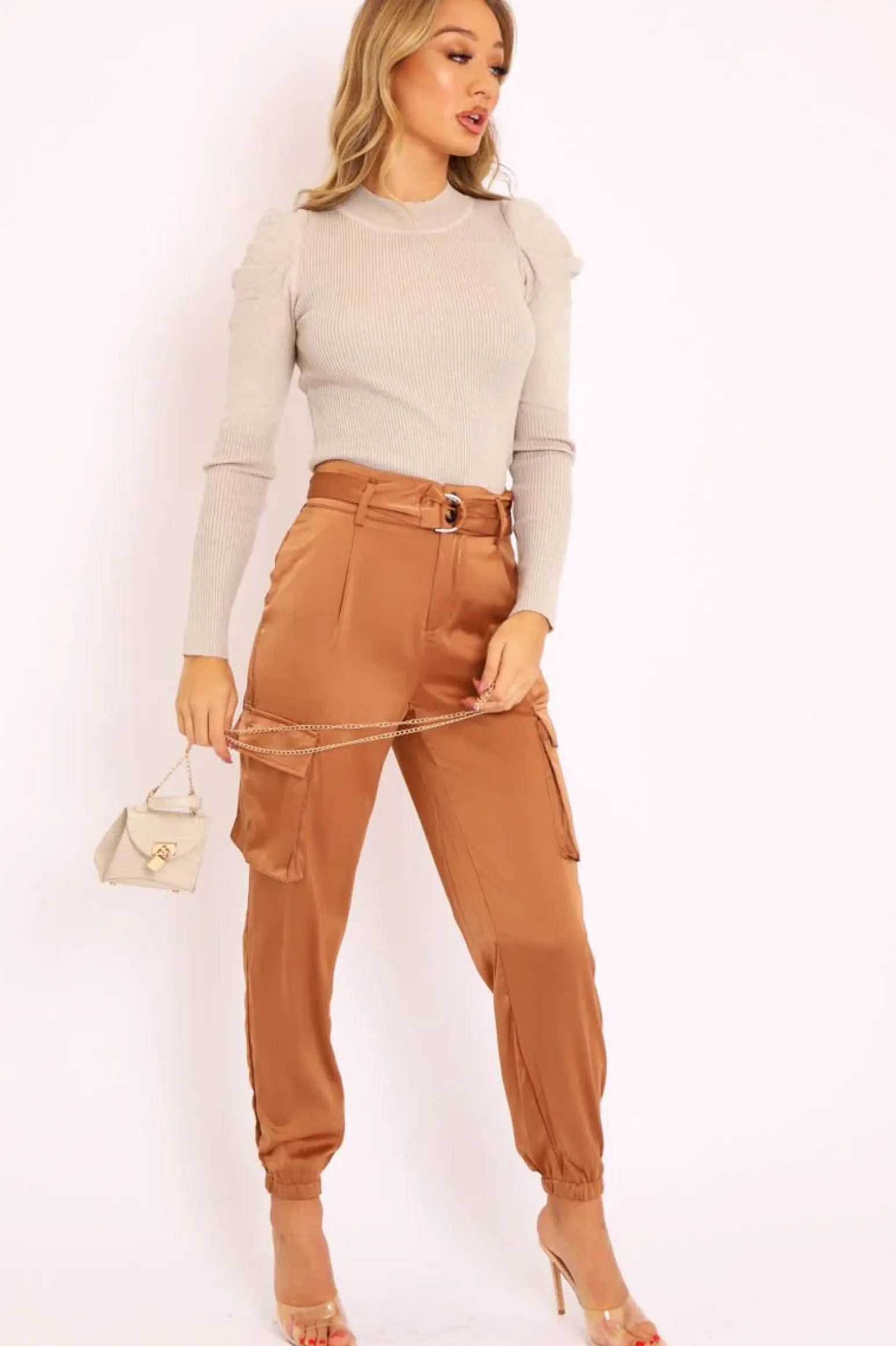 Rebellious Fashion Beige Pleated Shoulder High Neck Jumper - Carmela