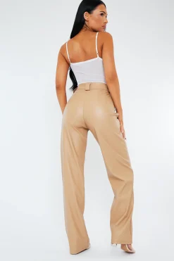 Rebellious Fashion Beige Pleated Straight Leg PU Leather Trousers - Jaymi