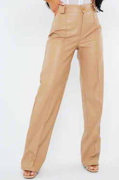 Rebellious Fashion Beige Pleated Straight Leg PU Leather Trousers - Jaymi