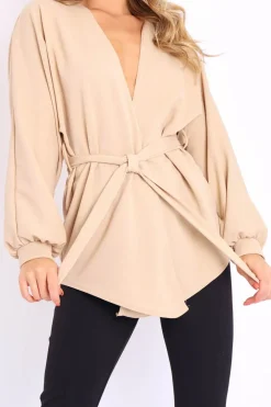 Rebellious Fashion Beige Plunge Belted Blouse - Goldie