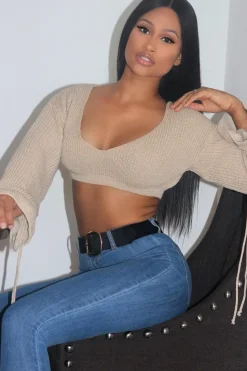 Rebellious Fashion Beige Plunge Sleeve Detail Crop Jumper - Ivree