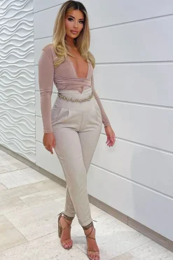Rebellious Fashion Beige Plunging Wrap Middle Bodysuit - Ivyrose