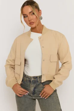 Rebellious Fashion Beige Pocket Detail Bomber Jacket - Estelle