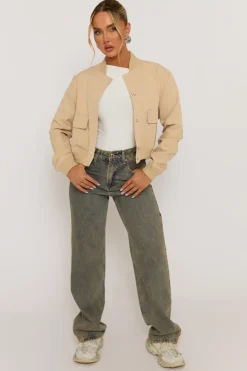 Rebellious Fashion Beige Pocket Detail Bomber Jacket - Estelle