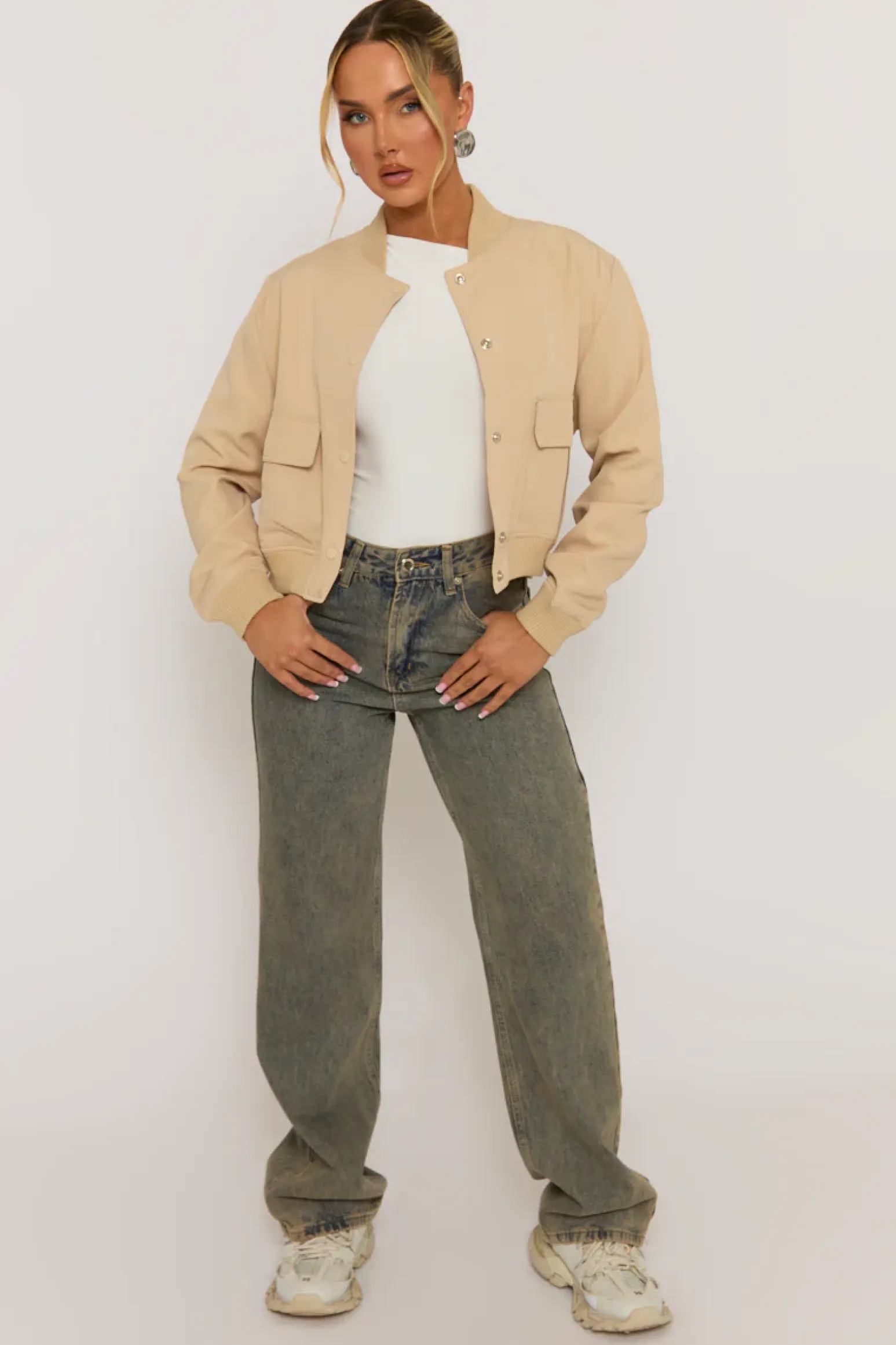 Rebellious Fashion Beige Pocket Detail Bomber Jacket - Estelle
