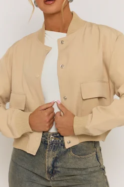 Rebellious Fashion Beige Pocket Detail Bomber Jacket - Estelle