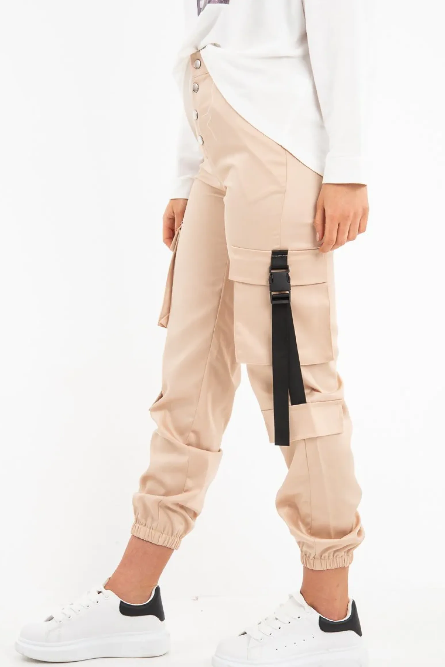 Rebellious Fashion Beige Popper Front Buckle Detail Cargo Trousers - Gabriella
