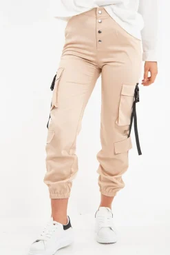 Rebellious Fashion Beige Popper Front Buckle Detail Cargo Trousers - Gabriella