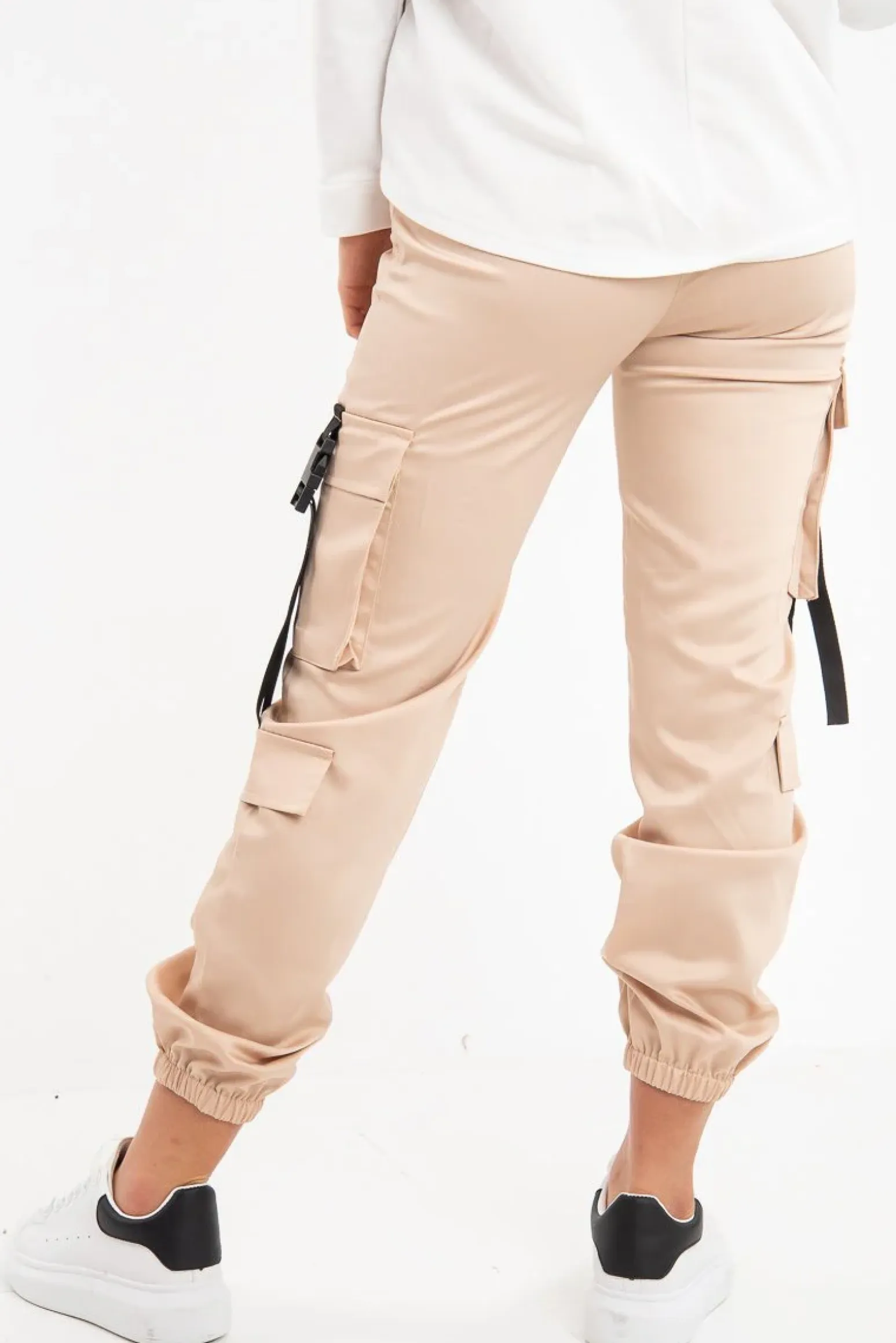 Rebellious Fashion Beige Popper Front Buckle Detail Cargo Trousers - Gabriella