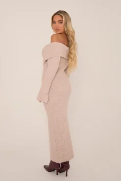 Rebellious Fashion Beige Premium Knit Fold Down Midi Dress - Celia